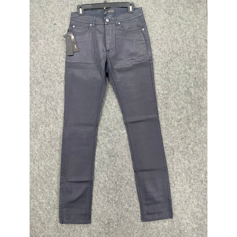 Versace Men Navy Blue Waxed Metallic Slim Fit Medusa Head Denim Jeans NWT